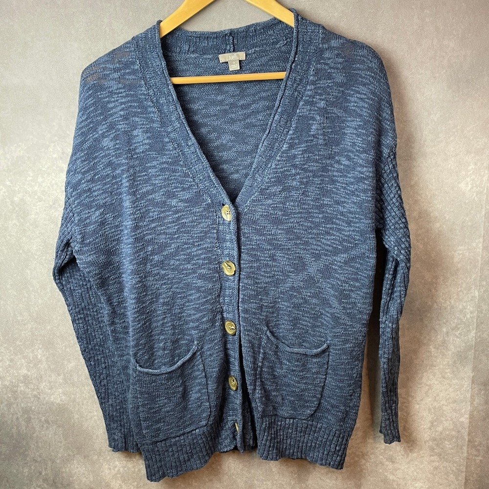 J Jill Sweater Womens Small Blue Cardigan Button Up Cotton Blend Pockets Cozy